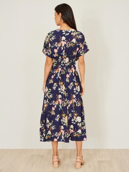 Yumi Short Sleeve V-Neck Floral A-Line Midi Dress, Navy - view 2, Navy