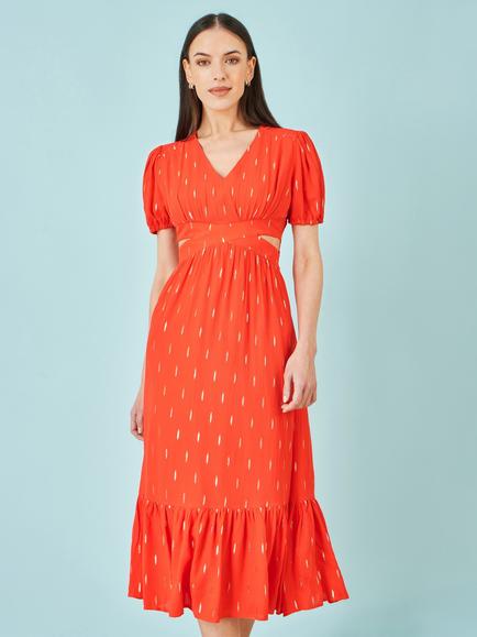 Yumi Dash Cut Out Midi Dress, Orange - view 2, Orange