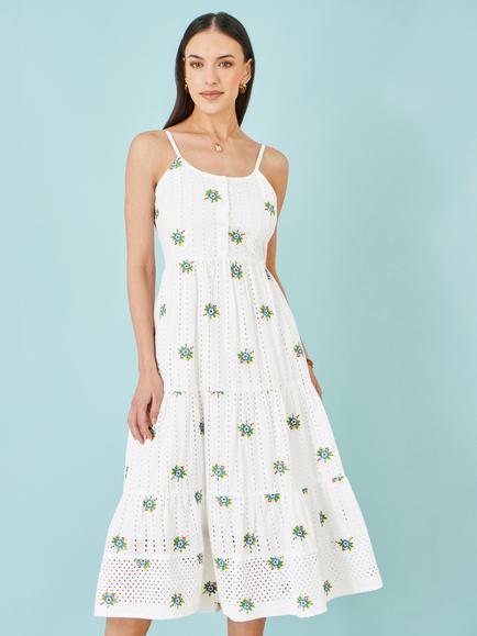 Yumi Embroidered Dress, White, White