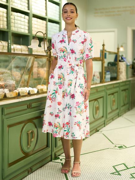 Yumi Floral Print Cotton Broderie Anglaise Midi Shirt Dress, White, White