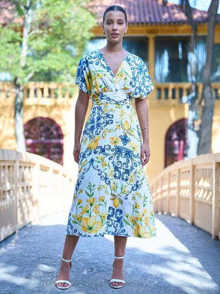 Yumi Lemon Print Wrap Dress, Ivory, Ivory