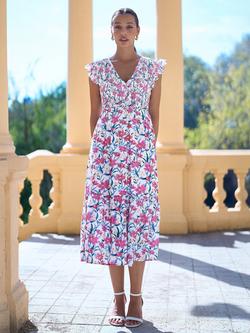 Yumi Shirred V-Neck Floral Midi Dress, White, White