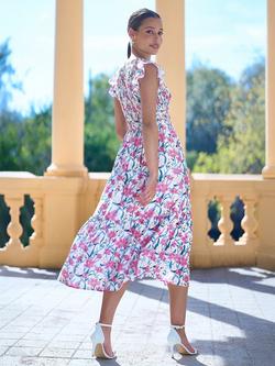 Yumi Shirred V-Neck Floral Midi Dress, White - view 2, White