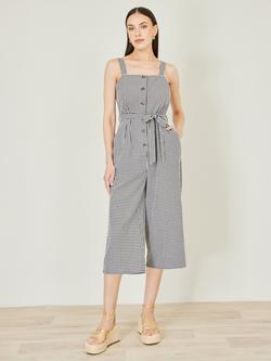 Yumi Gingham Button Through Jumpsuit, Black/White, Black/White