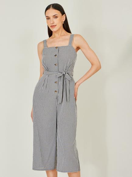 Yumi Gingham Button Through Jumpsuit, Black/White