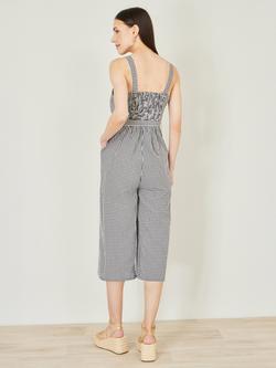 Yumi Gingham Button Through Jumpsuit, Black/White - view 2, Black/White
