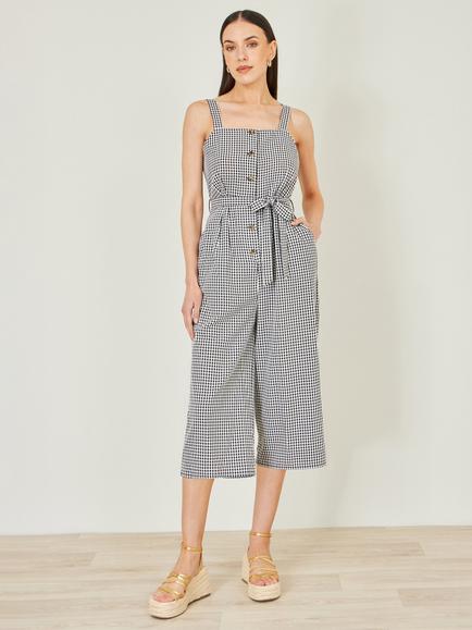 Yumi Gingham Button Through Jumpsuit - view 2, Black/White