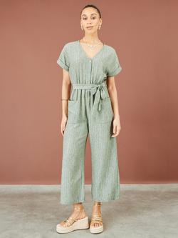 Yumi V Neck Striped Short Sleeve Jumpsuit, Khaki Green, Khaki Green