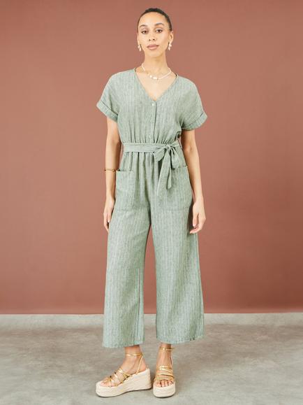 Yumi V Neck Striped Short Sleeve Jumpsuit, Khaki Green, Khaki Green