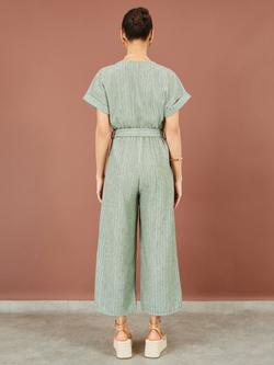Yumi V Neck Striped Short Sleeve Jumpsuit, Khaki Green - view 2, Khaki Green