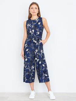 Yumi Sleeveless Leaf Print Cropped Culotte Jumpsuit, Navy, Navy