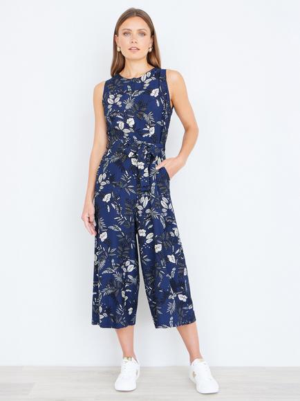 Yumi Sleeveless Leaf Print Cropped Culotte Jumpsuit, Navy, Navy