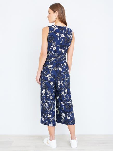 Yumi Sleeveless Leaf Print Cropped Culotte Jumpsuit, Navy - view 2, Navy