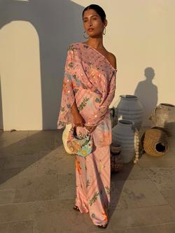 Never Fully Dressed Asymmetric Neck Maxi Dress containing LENZING™ ECOVERO™ Viscose, Pink/Multi, Pink/Multi