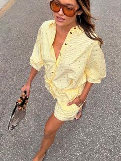 Never Fully Dressed Embellished Pinstripe Shirt, Yellow - view 2, Yellow