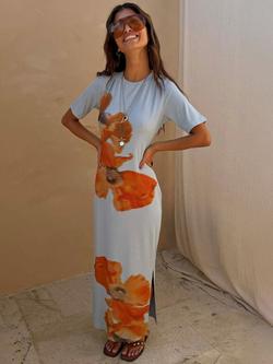 Never Fully Dressed Floral Maxi T-Shirt Dress, Blue/Multi, Blue/Multi