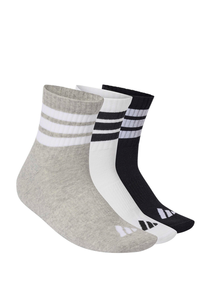 adidas 3 Stripe Essential Mid Crew Socks, Pack of 3, Grey, Grey
