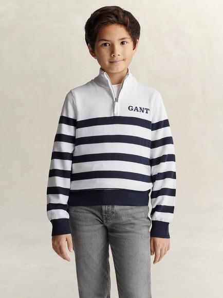 GANT Kids' Knitted Breton Stripe Zip Funnel Jumper, White/Navy, White/Navy
