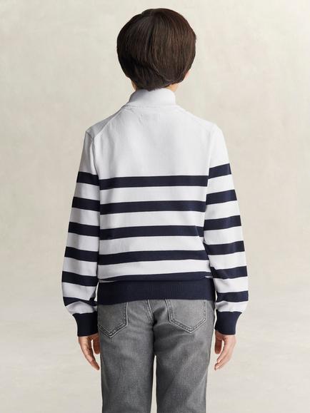 GANT Kids' Knitted Breton Stripe Zip Funnel Jumper, White/Navy - view 2, White/Navy