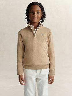 GANT Kids' Shield Cotton Half Zip Jumper, Oat Beige Marl, Oat Beige Marl