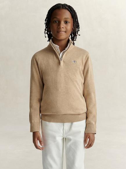 GANT Kids' Shield Cotton Half Zip Jumper, Oat Beige Marl, Oat Beige Marl