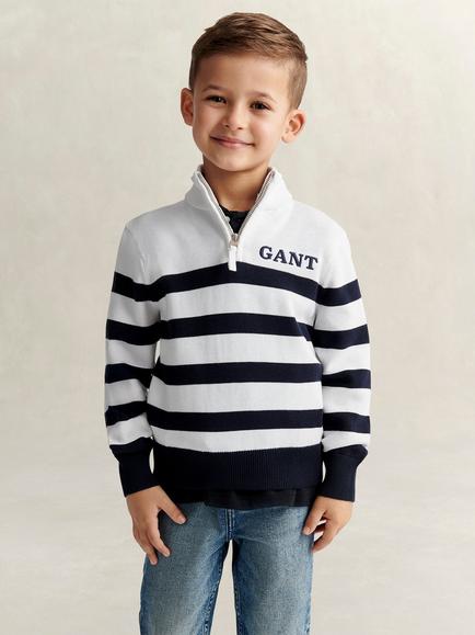 GANT Kids' Breton Stripe Zip Funnel Neck Jumper, White/Navy, White/Navy