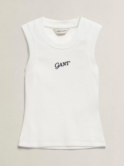 GANT Kids' Ribbed Cotton Sleeveless Logo Vest, White, White