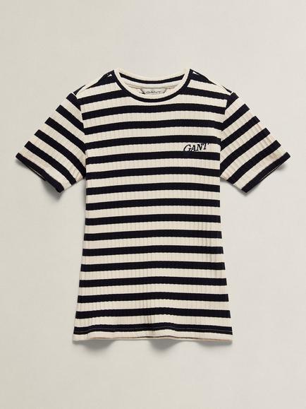 GANT Kids' Textured Short Sleeve Stripe T-Shirt, Evening Blue/White