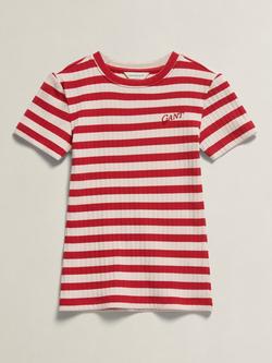 GANT Kids' Textured Short Sleeve Stripe T-Shirt, Ruby Red/White