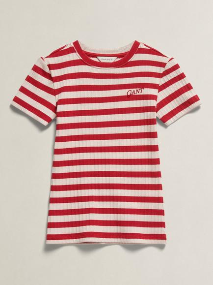 GANT Kids' Textured Short Sleeve Stripe T-Shirt, Ruby Red/White