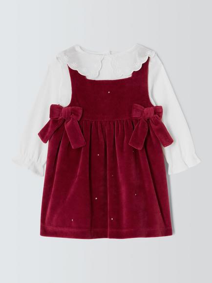 John Lewis Baby Velour Bow Pinafore Dress & Top Set, Red, Red