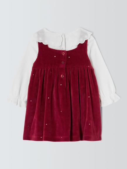 John Lewis Baby Velour Bow Pinafore Dress & Top Set, Red - view 2, Red