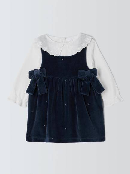 John Lewis Baby Velour Bow Pinafore Dress & Top Set, Navy