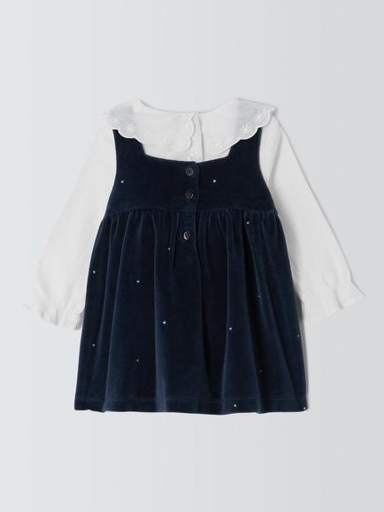 John Lewis Baby Velour Bow Pinafore Dress & Top Set - view 2, Navy