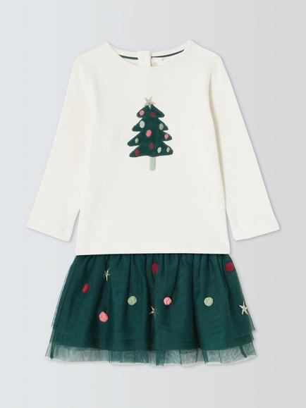 John Lewis Baby Christmas Tutu & Top Set, White/Green, White/Green