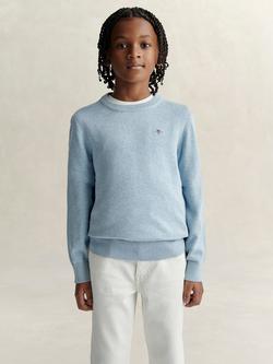 GANT Kids' Shield Cotton Crew Neck Jumper, Sky Blue Marl, Sky Blue Marl
