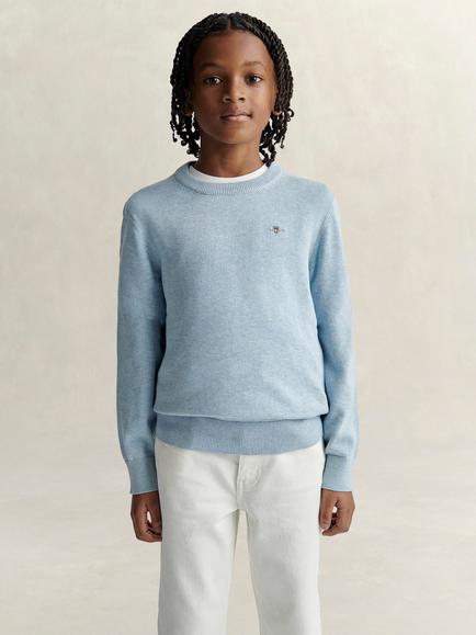 GANT Kids' Shield Cotton Crew Neck Jumper, Sky Blue Marl, Sky Blue Marl