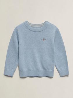 GANT Kids' Shield Cotton Crew Neck Jumper, Sky Blue Marl, Sky Blue Marl