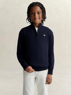 GANT Kids' Shield Cotton Half Zip Jumper, Evening Blue, Evening Blue