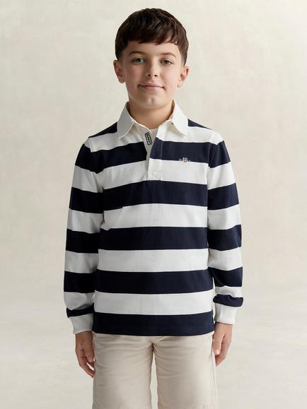 GANT Kids' Shield Long Sleeve Rugby Polo Shirt, Evening Blue/White, Evening Blue/White