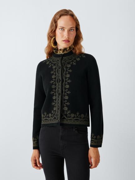 John Lewis x RIXO Halley Embroidered Merino Wool Rich Cardigan, Black, Black