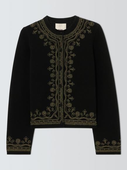 John Lewis x RIXO Halley Embroidered Merino Wool Rich Cardigan, Black - view 2, Black