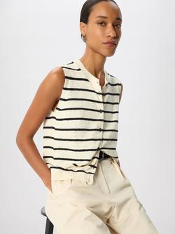 Whistles Cotton Rich Stripe Round Neck Jumper, Ivory/Multi, Ivory/Multi