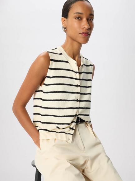 Whistles Cotton Rich Stripe Round Neck Jumper, Ivory/Multi, Ivory/Multi