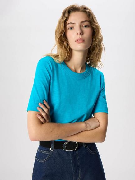 Whistles Rosa Cotton Round Neck Double Trim T-Shirt, Turquoise, Turquoise