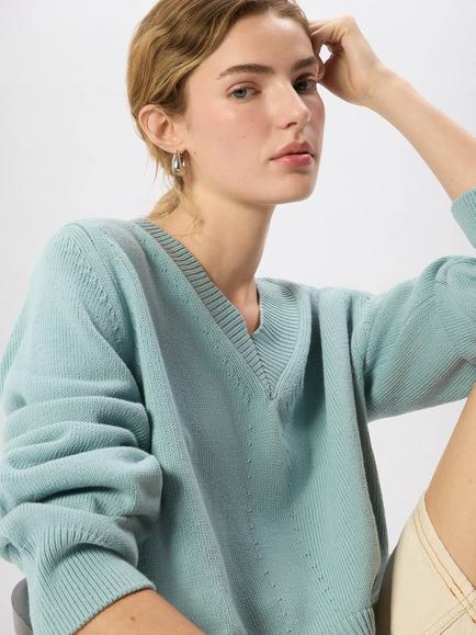 Whistles Cotton V-Neck Relaxed Jumper - view 2, Blue