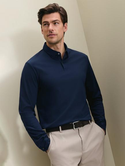 Charles Tyrwhitt Cotton Regular Fit Long Sleeve Polo Shirt, Navy, Navy