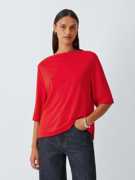John Lewis Boat Neck Short Sleeve Top, Red, Red