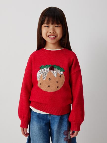 John Lewis Kids' Sequinned Christmas Pudding Jumper, Red, Red