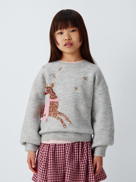 John Lewis Kids' Sparkle Reindeer Jumper, Grey, Grey
